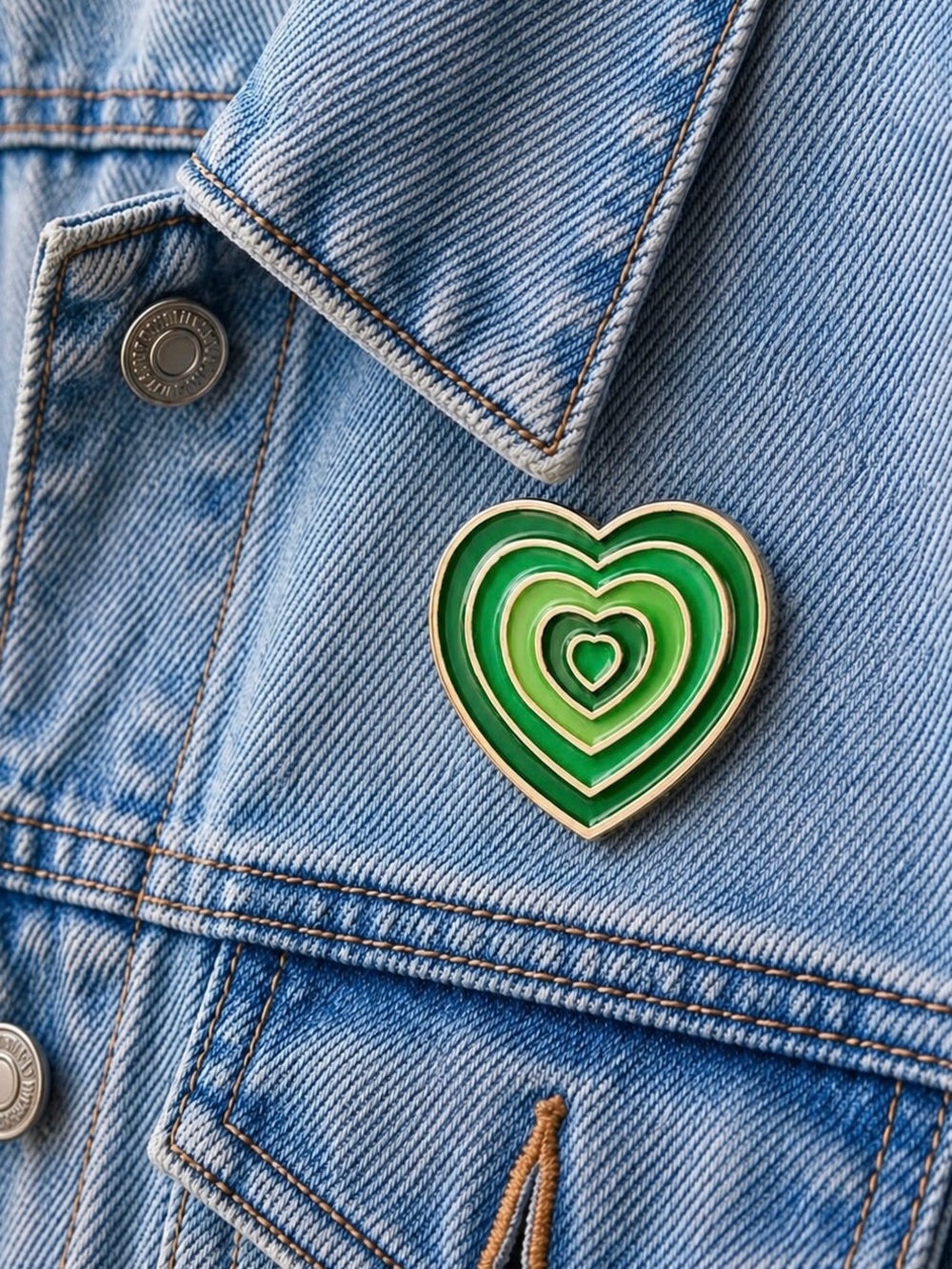 Green Layered Heart Enamel Pin Y2K Retro Gold Outline Brooch NWT